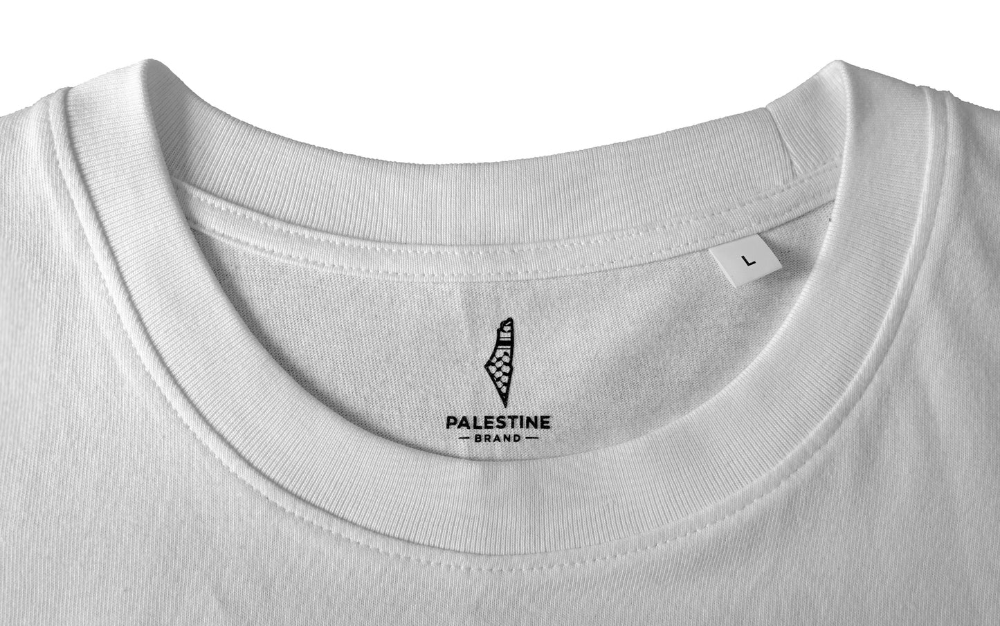Close-up of the inner neck label of the T-shirt, showing the Palestine Brand logo