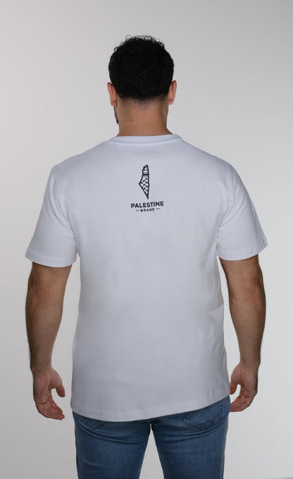 Model back view of  the sumud T-shirt which is featuring Palestine Brand logo design.
it is Palestine map with keffiyeh colors 